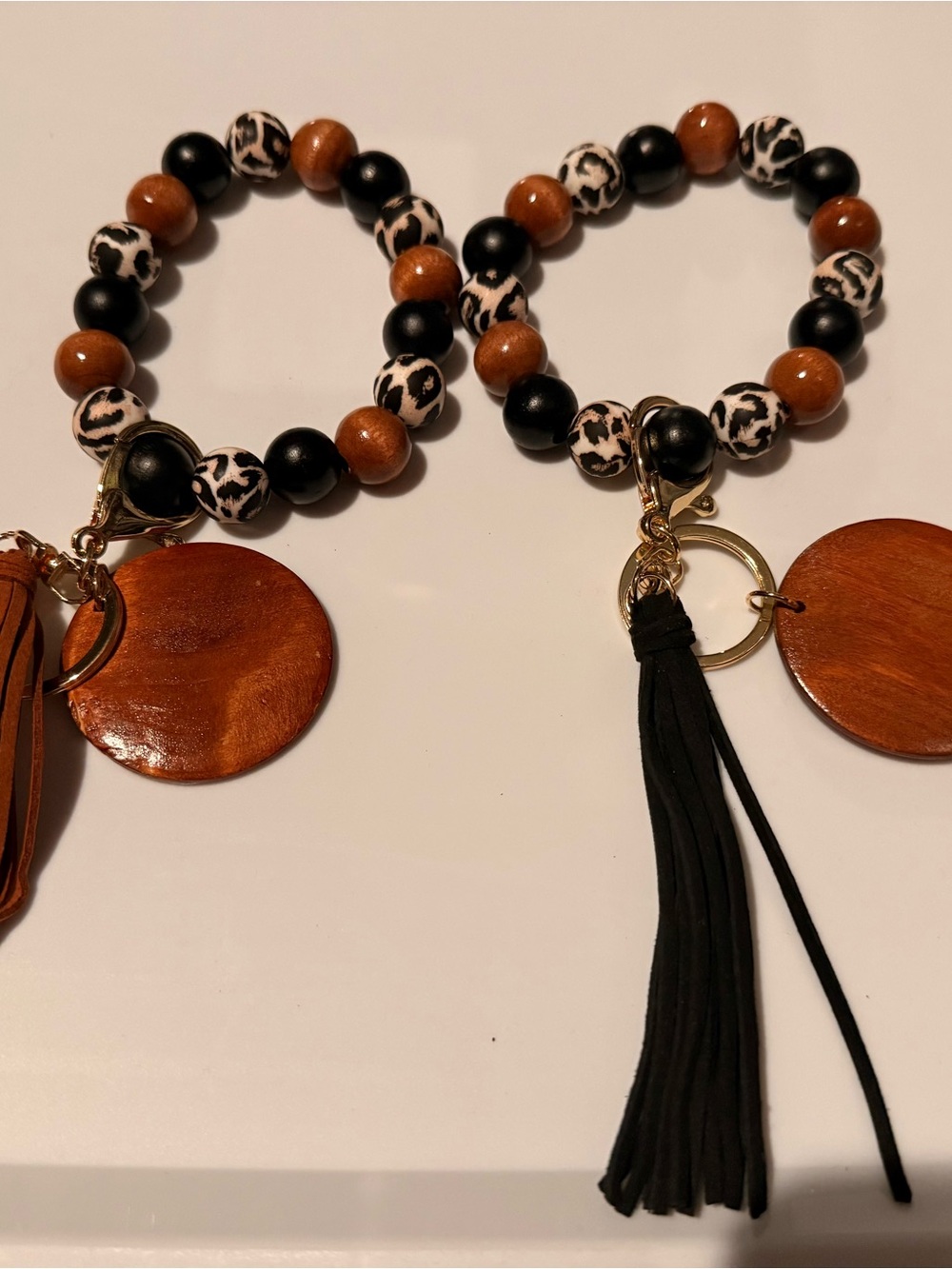 Boho Black, Brown & White Beaded Tassel Bracelet Keychain